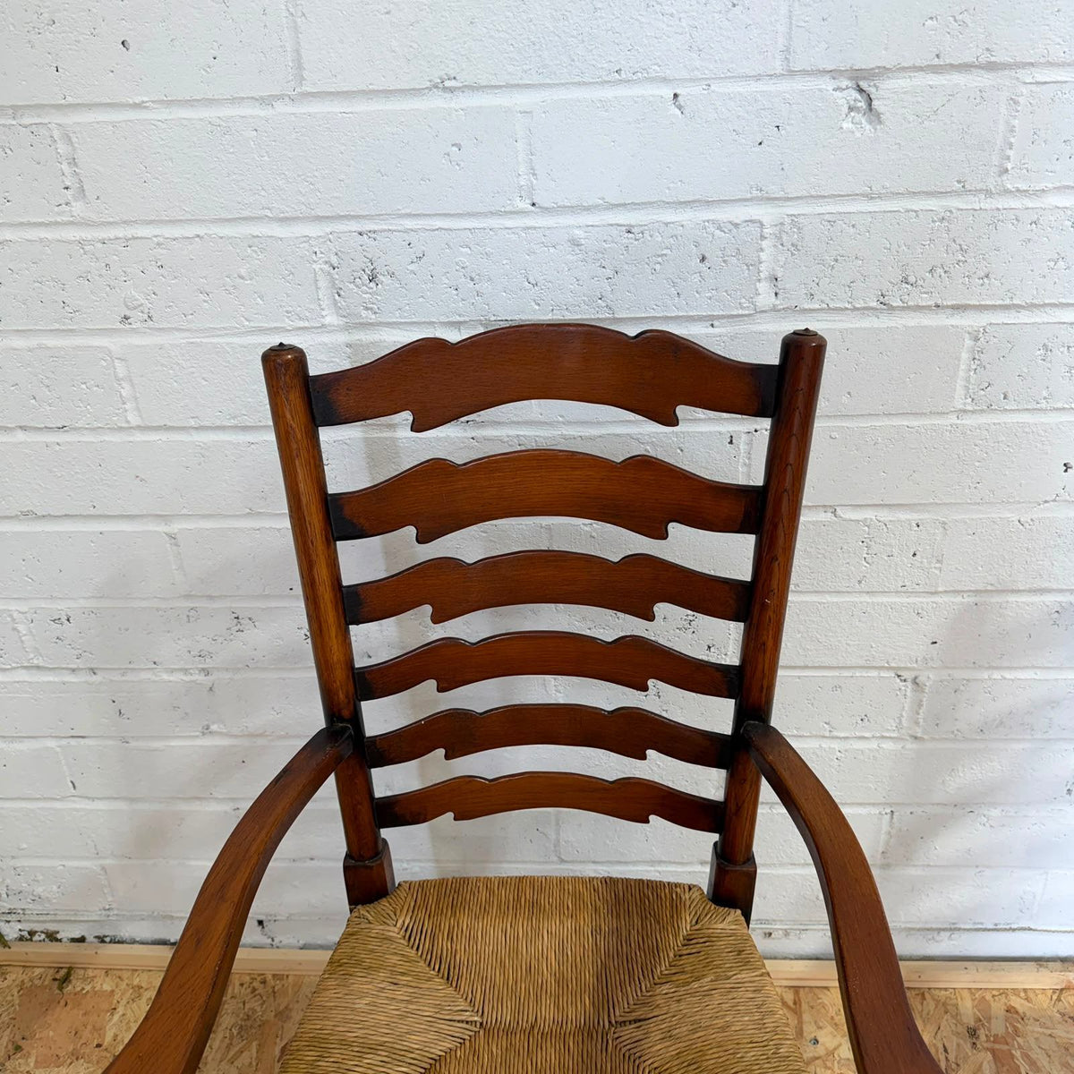 Vintage Pair Rush Seats  Ladder Back Carver Dining Chairs Turned Legs