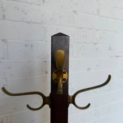Vintage Dark Wood Hat Coat Stand Brass Hooks Classic Design