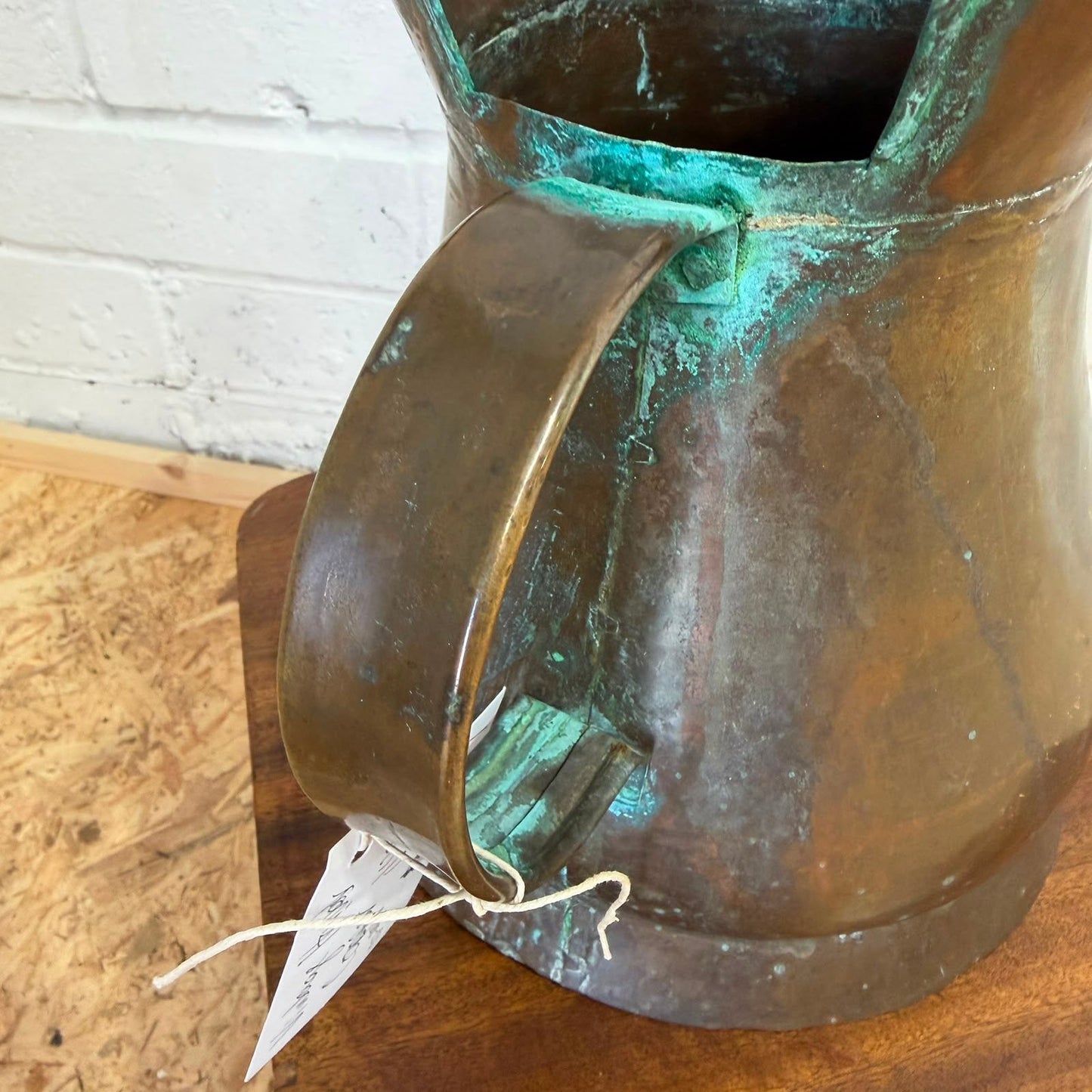 Antique Copper Harvest/Ale Jug 19thC Large Handmade Pitcher Verdigris Patina