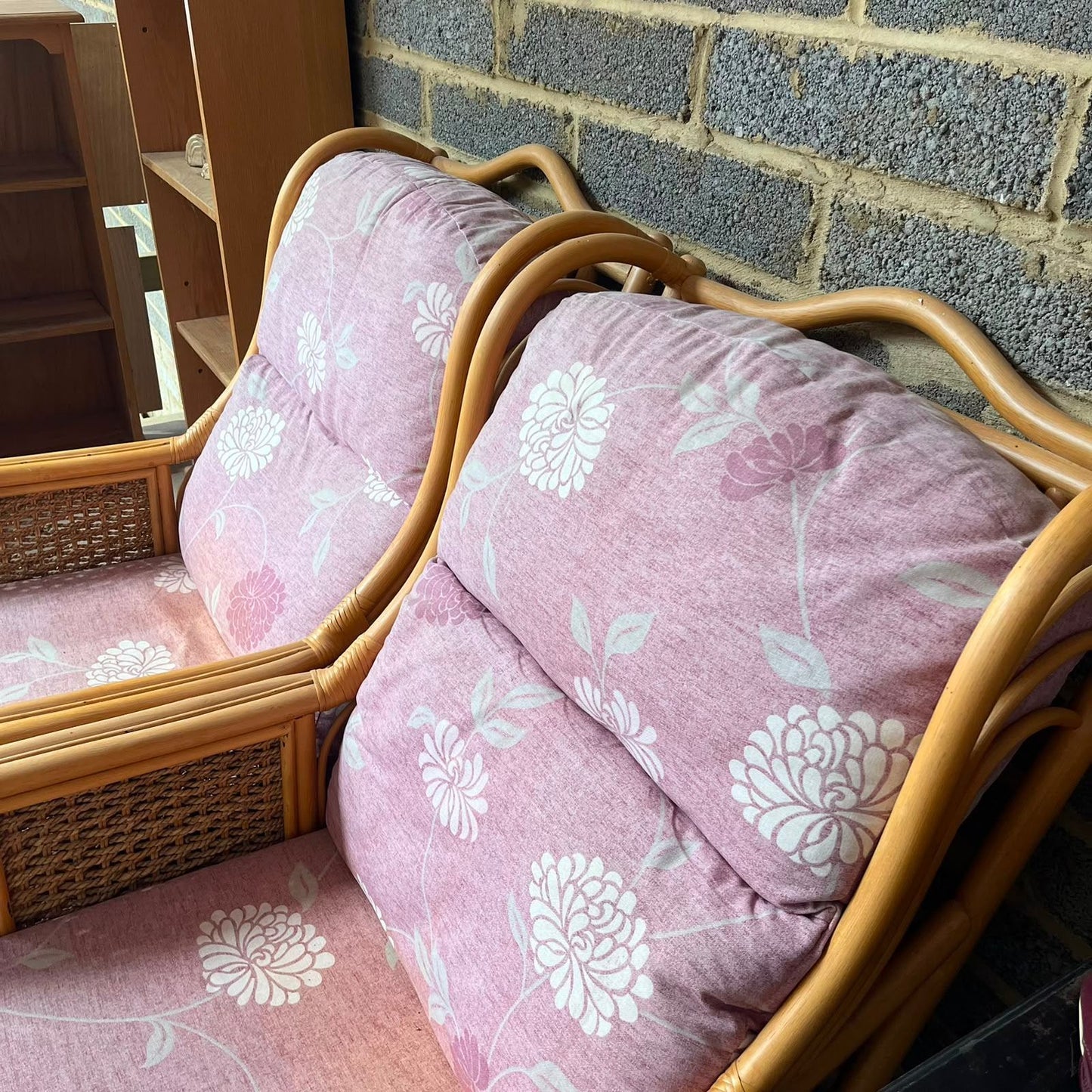 3 Piece Bamboo Conservatory Suite Double Sofa 2 Armchairs Glass Topped Table