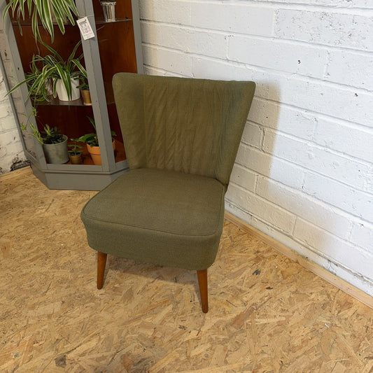 Vintage Upholstered Cocktail Accent Chair Green Teak Tapered Legs Mid Century