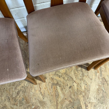 5 Meredew Mid Century Teak Dining Chairs Upholstered Velour Salmon Seats