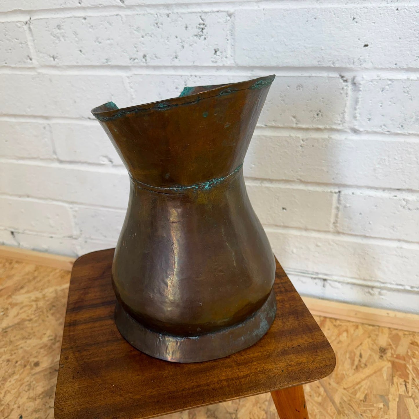 Antique Copper Harvest/Ale Jug 19thC Large Handmade Pitcher Verdigris Patina