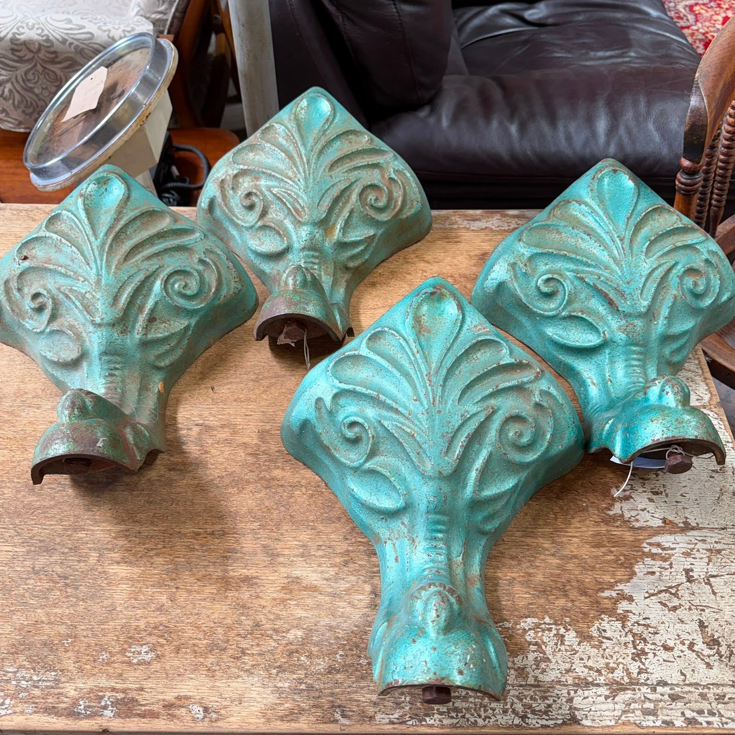 4 Antique Victorian Cast Iron Claw Bath Feet Green Great Patina Fleur De Lys