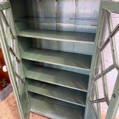 Early 20thC Rustic Painted Double Cupboard Glazed Doors Claw Feet Pantry Larder
