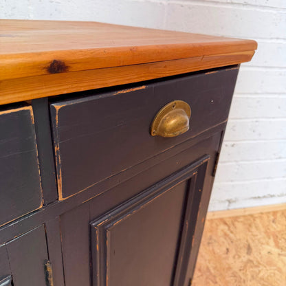 Pine Triple Sideboard 3 Drawers Over Cabinets Brass Cup Handles Shabby Chic