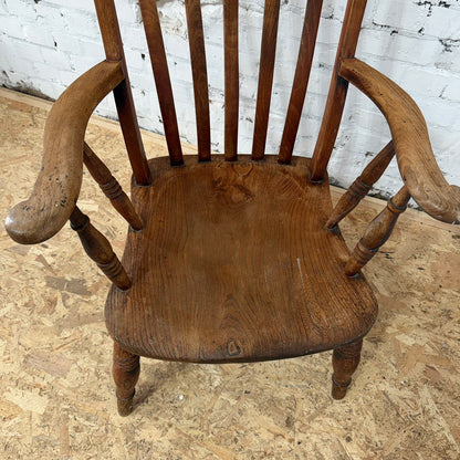 Vintage Rustic Windsor Style High Slatted Backed Armchair Turned Legs