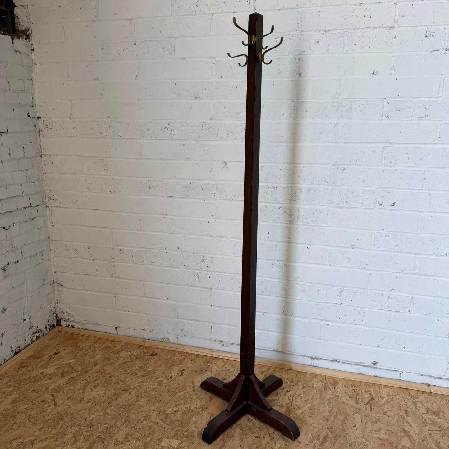 Vintage Dark Wood Hat Coat Stand Brass Hooks Classic Design
