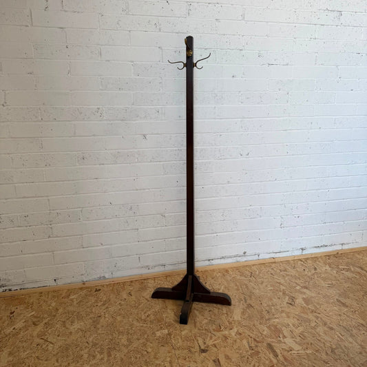 Vintage Dark Wood Hat Coat Stand Brass Hooks Classic Design