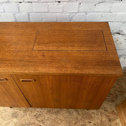Mid Century Teak 2 Door Cabinet Tapered Legs Sewing Machine Housing Drawers