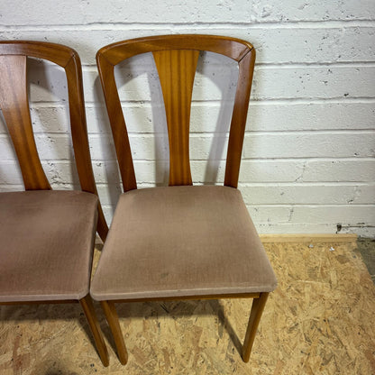 5 Meredew Mid Century Teak Dining Chairs Upholstered Velour Salmon Seats