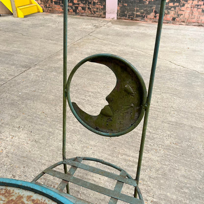 Metal Circular Garden Table & 4 Chairs With Moon Design Green Rust Great Patina