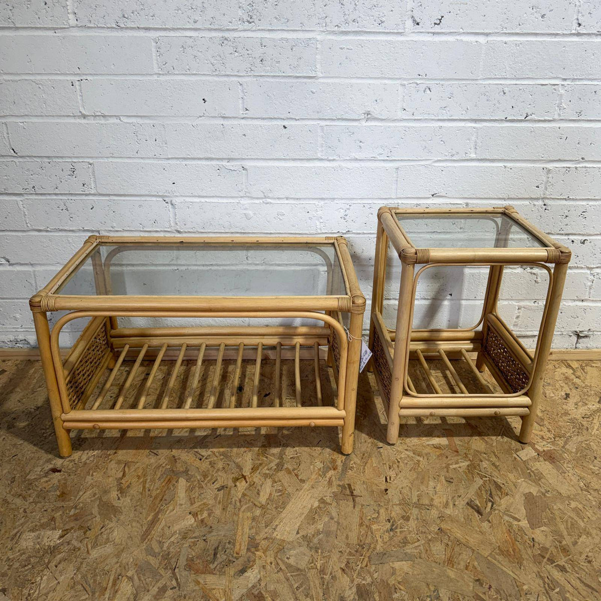 Pair Rustic Bamboo Glass Topped Tables Coffee Table Side Table Shelves Under