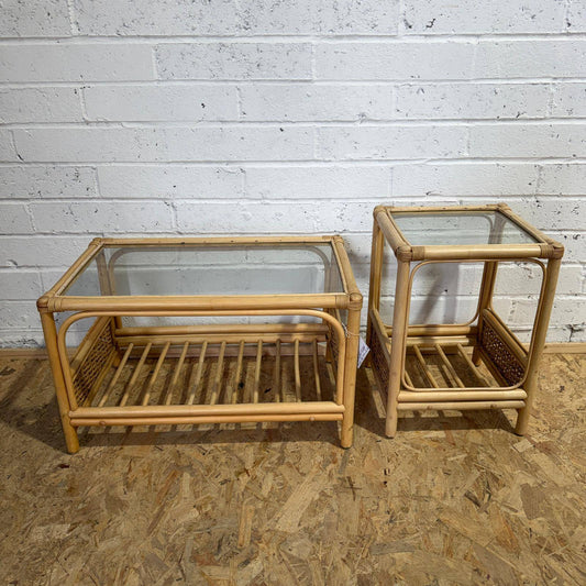 Pair Rustic Bamboo Glass Topped Tables Coffee Table Side Table Shelves Under