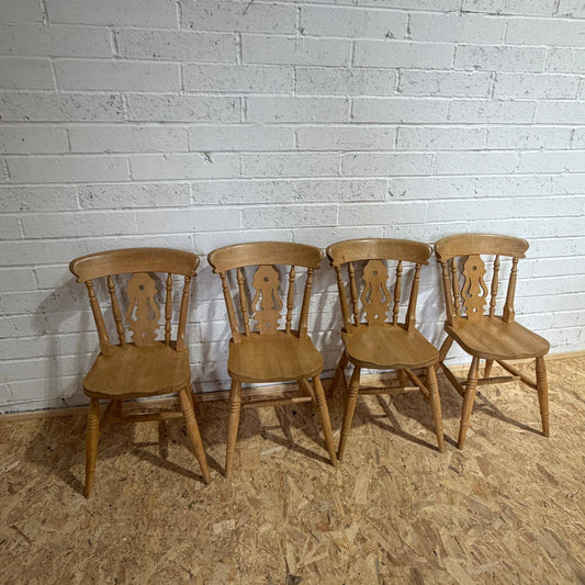 4 Beech Farmhouse Kitchen Chairs Turned Legs Scrolled Backs