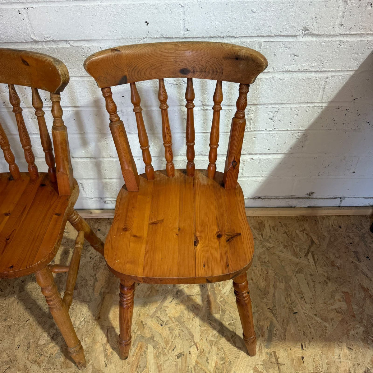 Pair Pine Rustic Vintage Farmhouse Chairs Turned Backs And Legs Solid