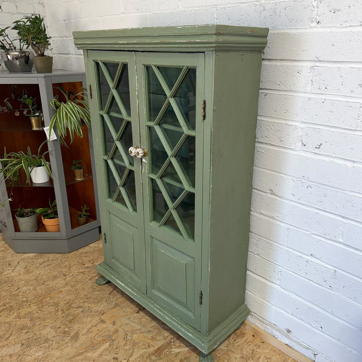Early 20thC Rustic Painted Double Cupboard Glazed Doors Claw Feet Pantry Larder
