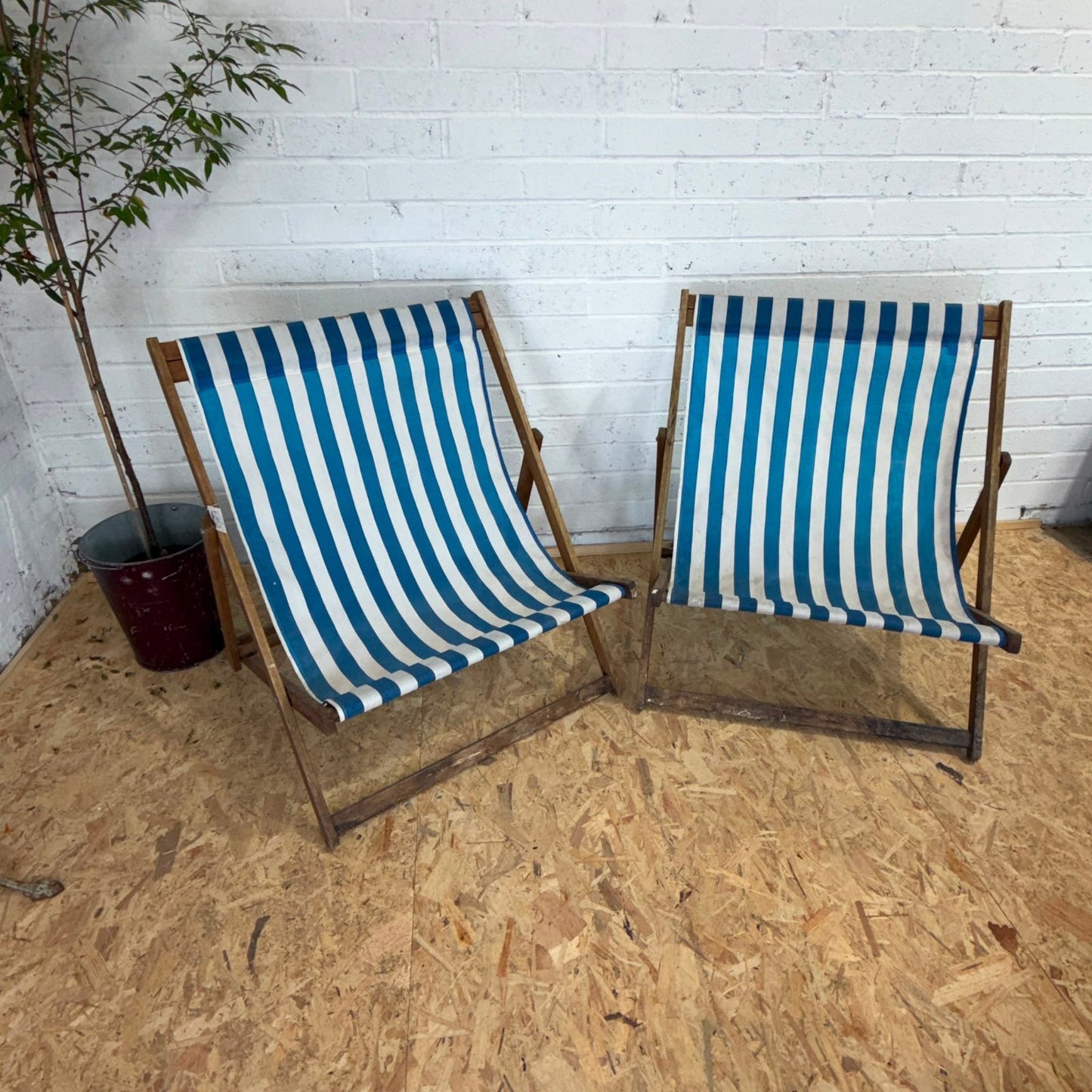 Vintage Pair Wideboy Large SouthSea Deckchairs Beach Garden Wood Frames