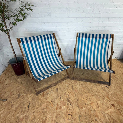 Vintage Pair Wideboy Large SouthSea Deckchairs Beach Garden Wood Frames