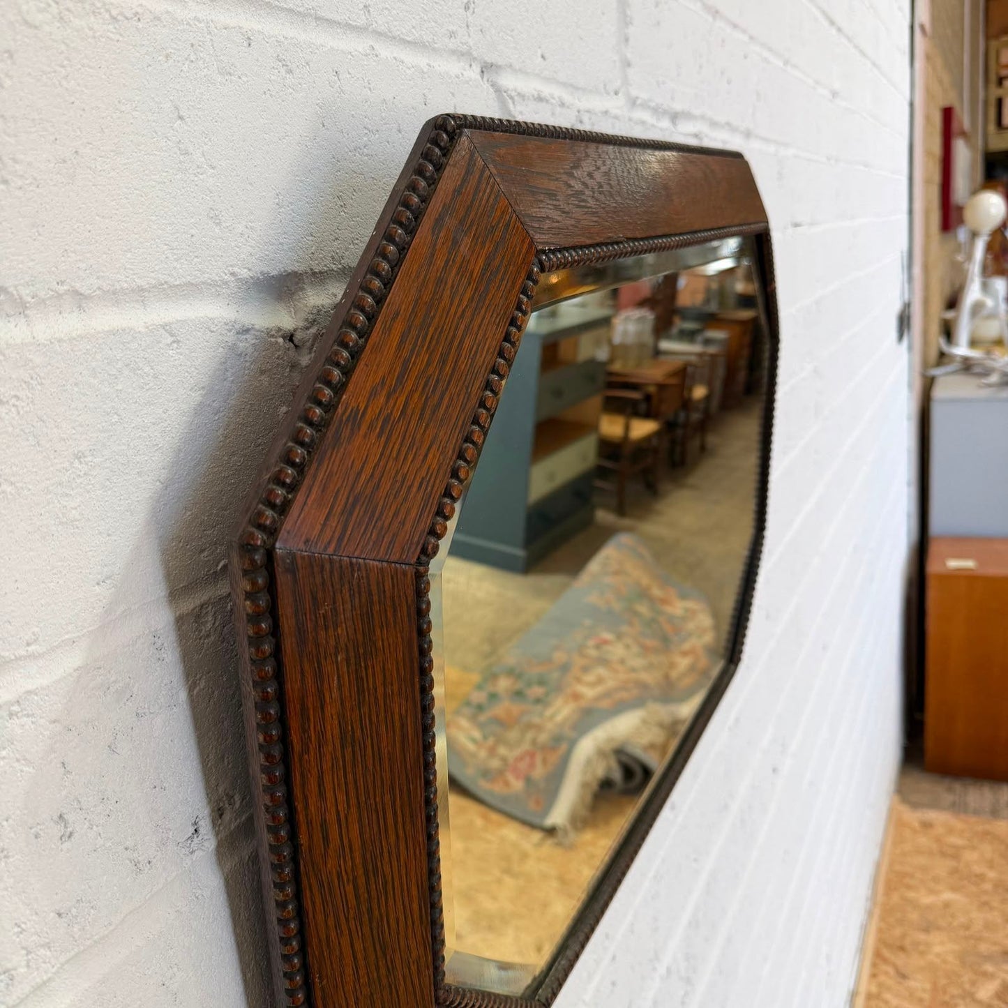 Long Octagonal Wooden Framed Bevelled Edge Wall Hanging Mirror