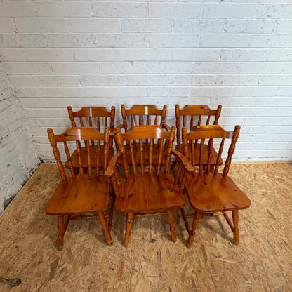 6 Pine Farmhouse Chairs 2x Carvers Varnished Turned Legs & Stretchers