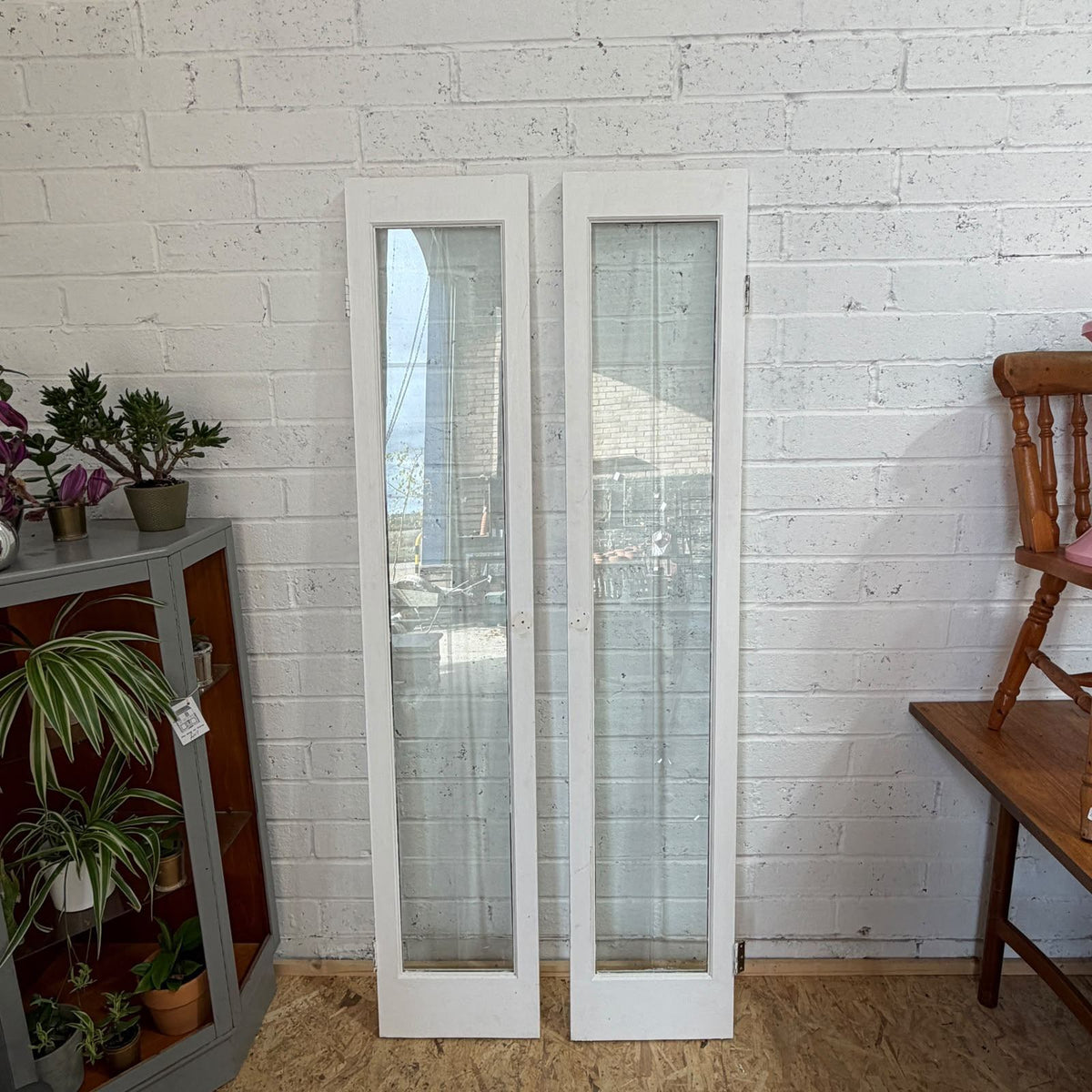 Pair Wooden Frame Glass Slim French Patio Doors White With Hinges
