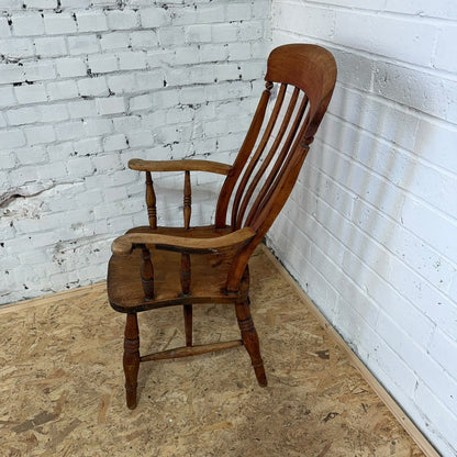 Vintage Rustic Windsor Style High Slatted Backed Armchair Turned Legs