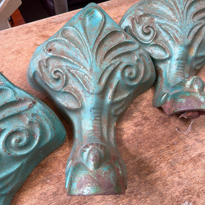 4 Antique Victorian Cast Iron Claw Bath Feet Green Great Patina Fleur De Lys
