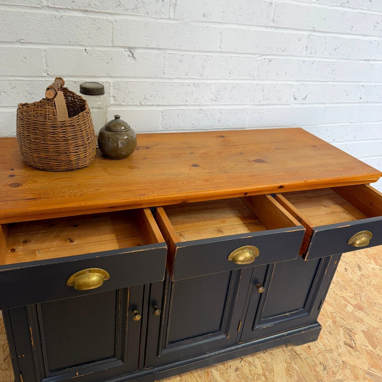 Pine Triple Sideboard 3 Drawers Over Cabinets Brass Cup Handles Shabby Chic