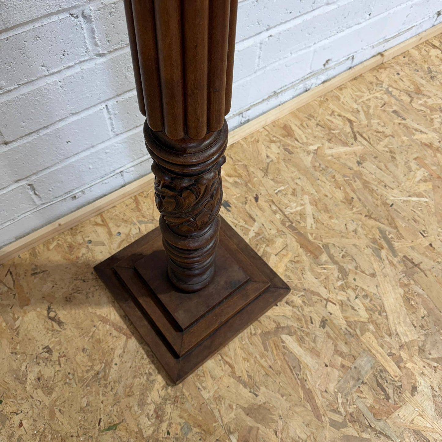 Antique Tall Ornate Mahogany Plant Stand Carved Column Square Base And Top