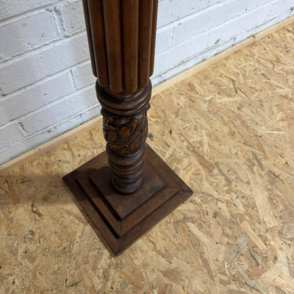 Antique Tall Ornate Mahogany Plant Stand Carved Column Square Base And Top