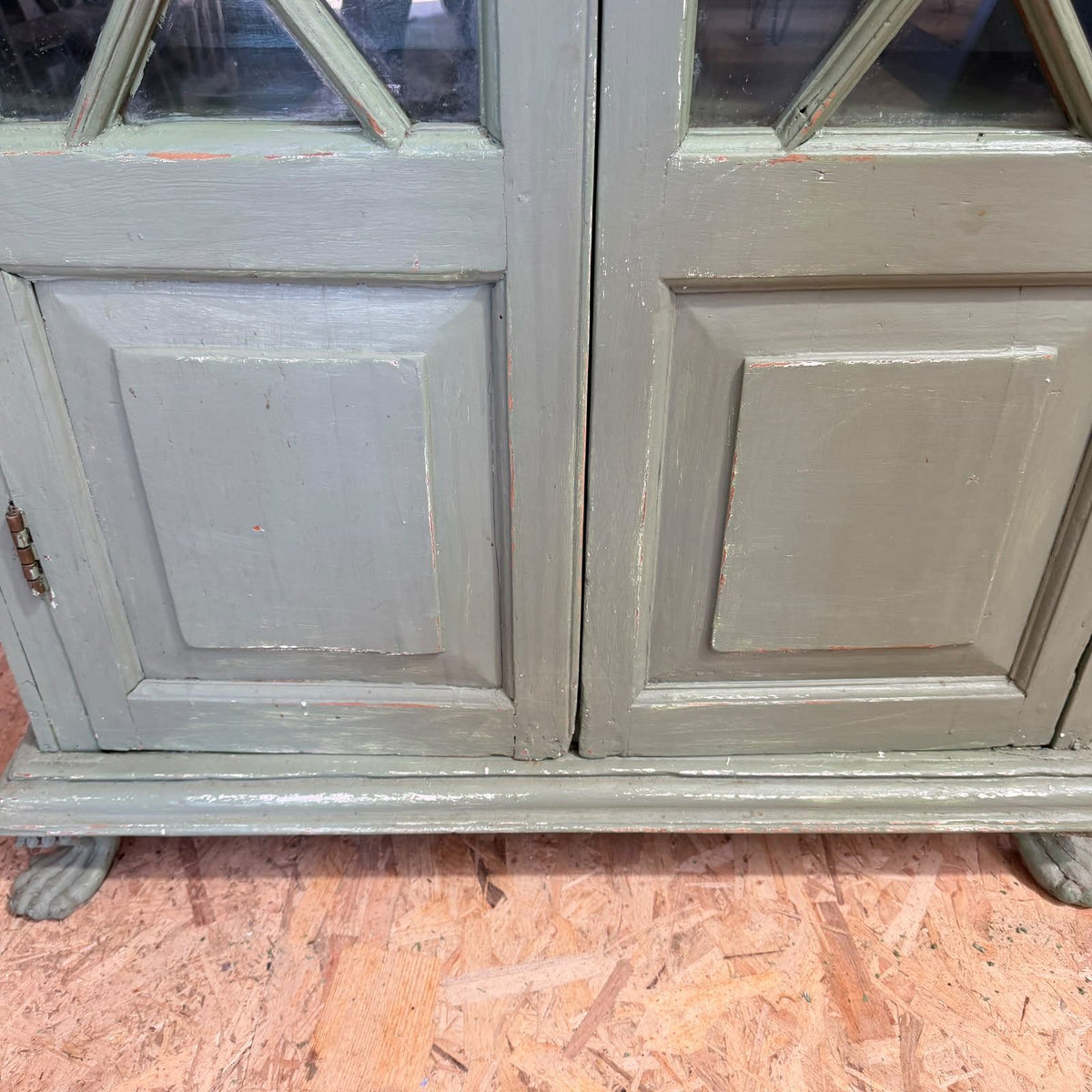 Early 20thC Rustic Painted Double Cupboard Glazed Doors Claw Feet Pantry Larder