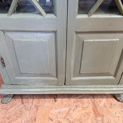 Early 20thC Rustic Painted Double Cupboard Glazed Doors Claw Feet Pantry Larder