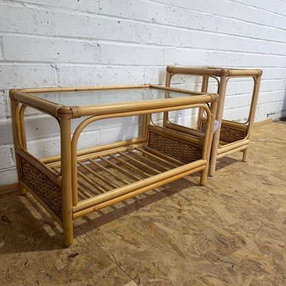 Pair Rustic Bamboo Glass Topped Tables Coffee Table Side Table Shelves Under