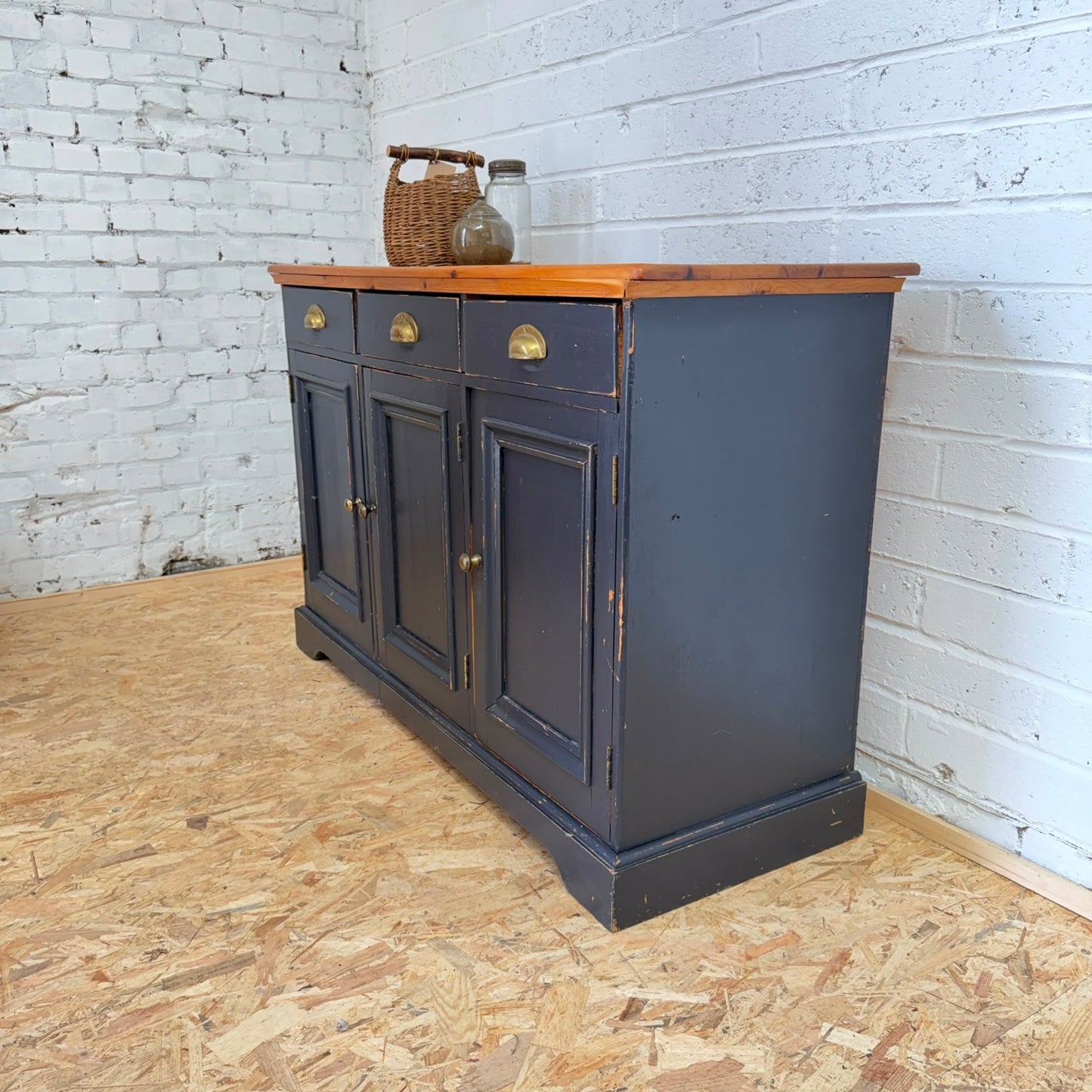 Pine Triple Sideboard 3 Drawers Over Cabinets Brass Cup Handles Shabby Chic