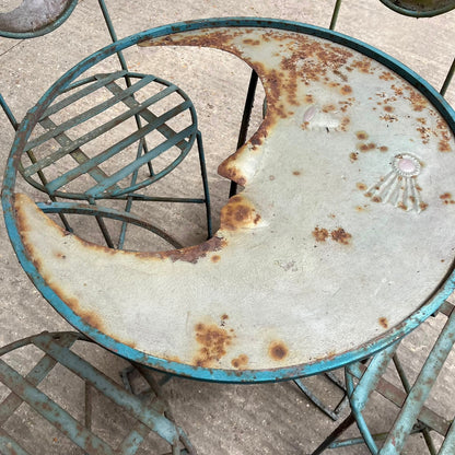Metal Circular Garden Table & 4 Chairs With Moon Design Green Rust Great Patina