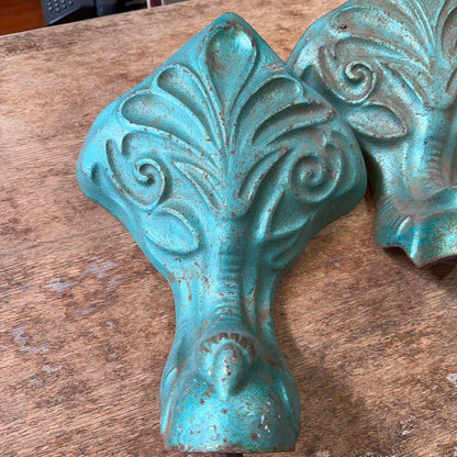4 Antique Victorian Cast Iron Claw Bath Feet Green Great Patina Fleur De Lys