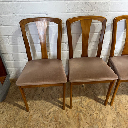 5 Meredew Mid Century Teak Dining Chairs Upholstered Velour Salmon Seats