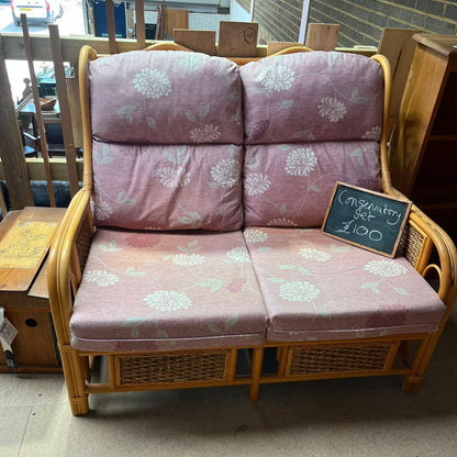 3 Piece Bamboo Conservatory Suite Double Sofa 2 Armchairs Glass Topped Table
