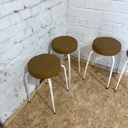 4 Retro Mid Century Upholstered Metal Frame Stools Faux Leather Seats
