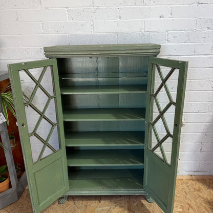 Early 20thC Rustic Painted Double Cupboard Glazed Doors Claw Feet Pantry Larder
