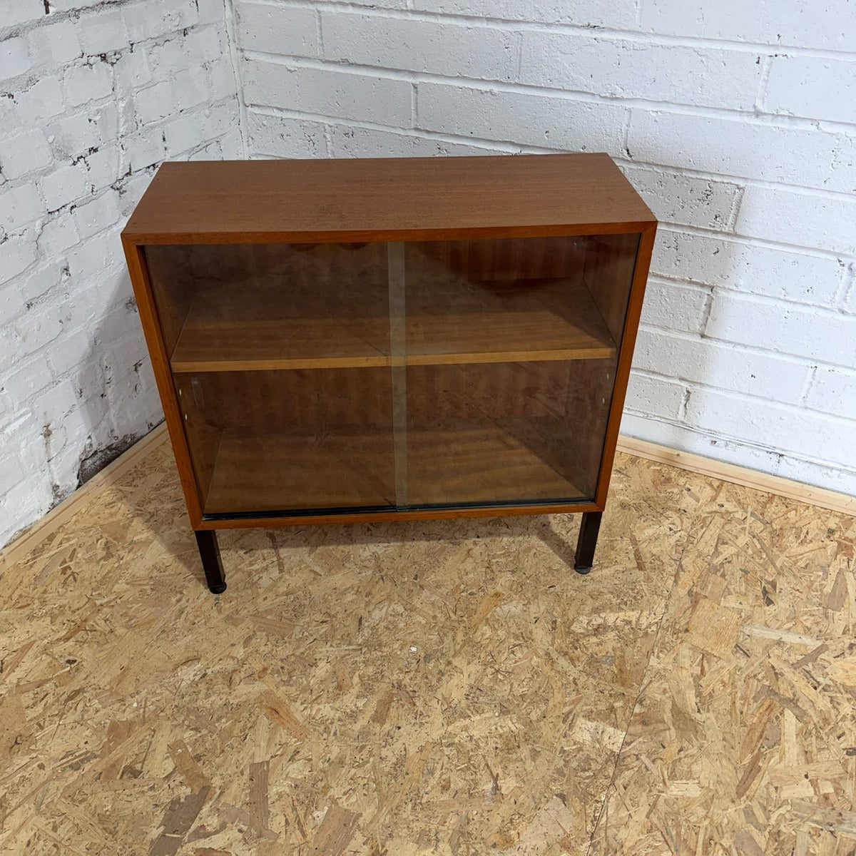 Mid Century Glazed Bookcase Abbess Furniture Single Shelf Metal Legs