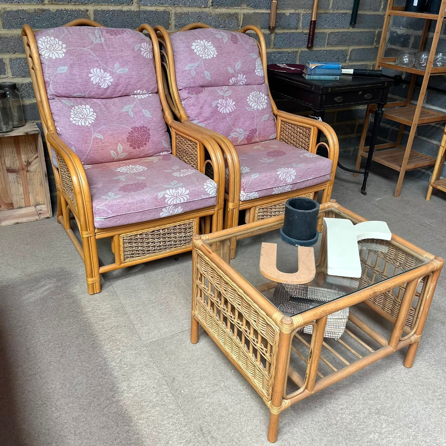 3 Piece Bamboo Conservatory Suite Double Sofa 2 Armchairs Glass Topped Table