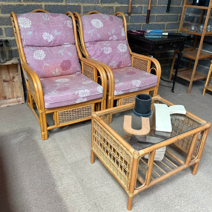 3 Piece Bamboo Conservatory Suite Double Sofa 2 Armchairs Glass Topped Table