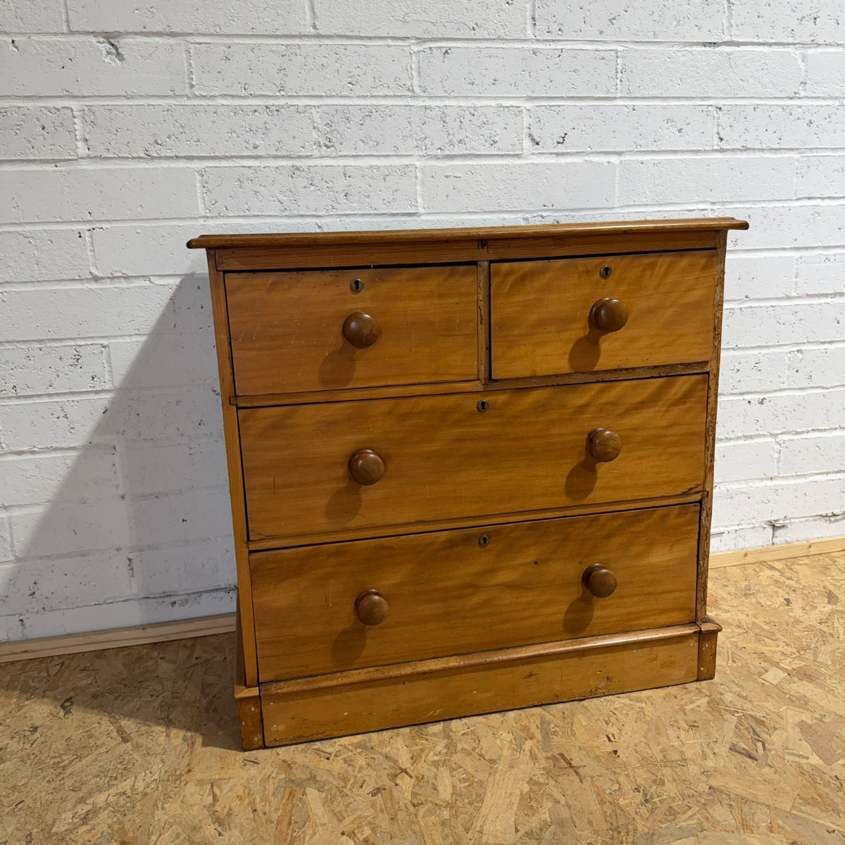 Vintage Rustic Satin Walnut (Pine?) Chest 2 Over 2 Drawers Plinth Drawer
