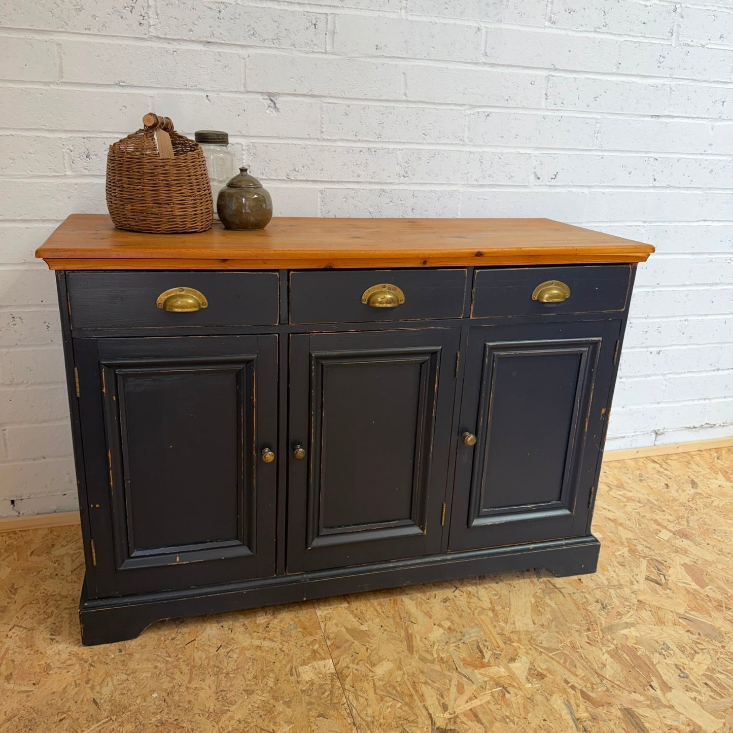 Pine Triple Sideboard 3 Drawers Over Cabinets Brass Cup Handles Shabby Chic