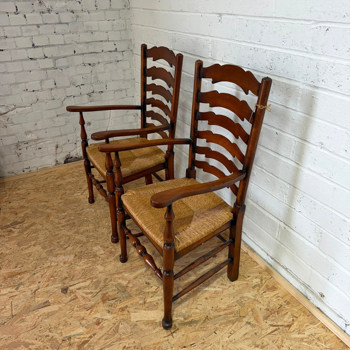 Vintage Pair Rush Seats  Ladder Back Carver Dining Chairs Turned Legs