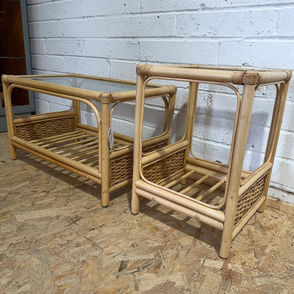 Pair Rustic Bamboo Glass Topped Tables Coffee Table Side Table Shelves Under