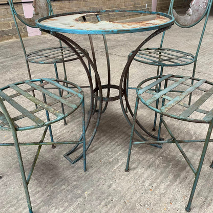 Metal Circular Garden Table & 4 Chairs With Moon Design Green Rust Great Patina