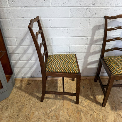 Pair Early 20thC Oak Dining Chairs Upholstered Drop In Seats Ladder Back